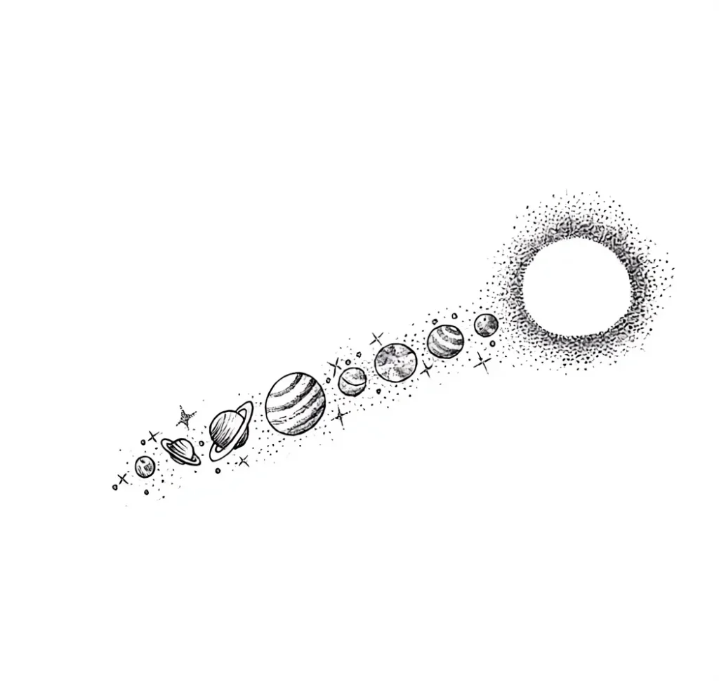 Black and white collarbone tattoo depicting planets of the Solar System and the moon, done in graphic style with dot shading.