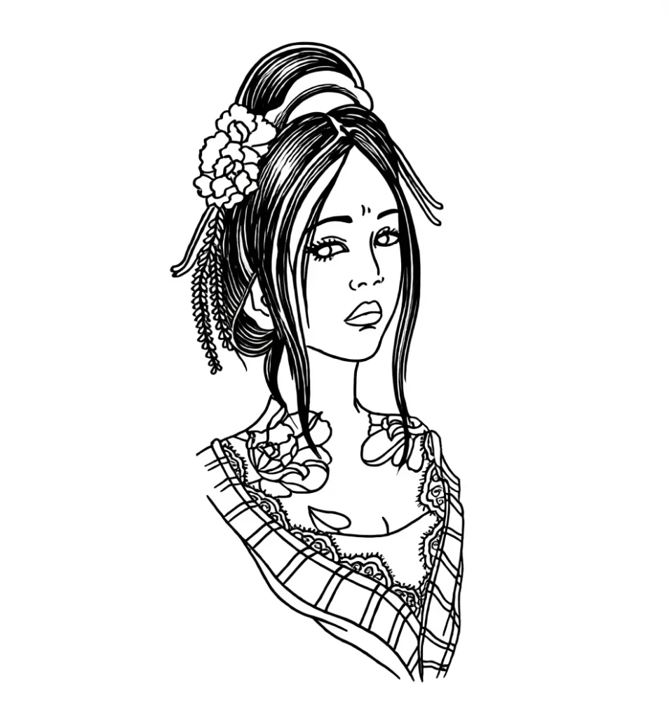 Esquisse de tatouage noir et blanc d'une geisha avec des fleurs dans les cheveux, réalisée dans un style graphique, destinée à être placée sur le flanc du corps.