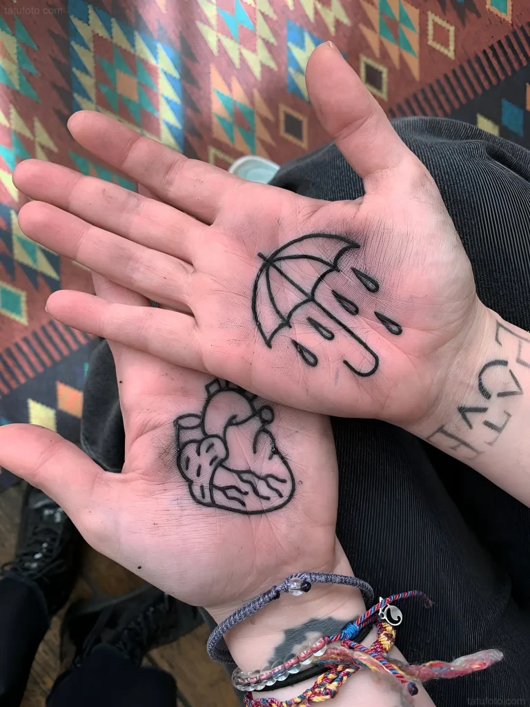 手掌纹身照片:雨伞和带根的脑子的轮廓图,采用极简风格绘制。