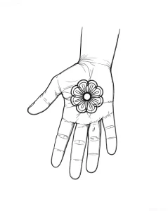 Черно-белый эскиз татуировки цветка лотоса на раскрытой ладони, выполненный в технике тонкой графики.