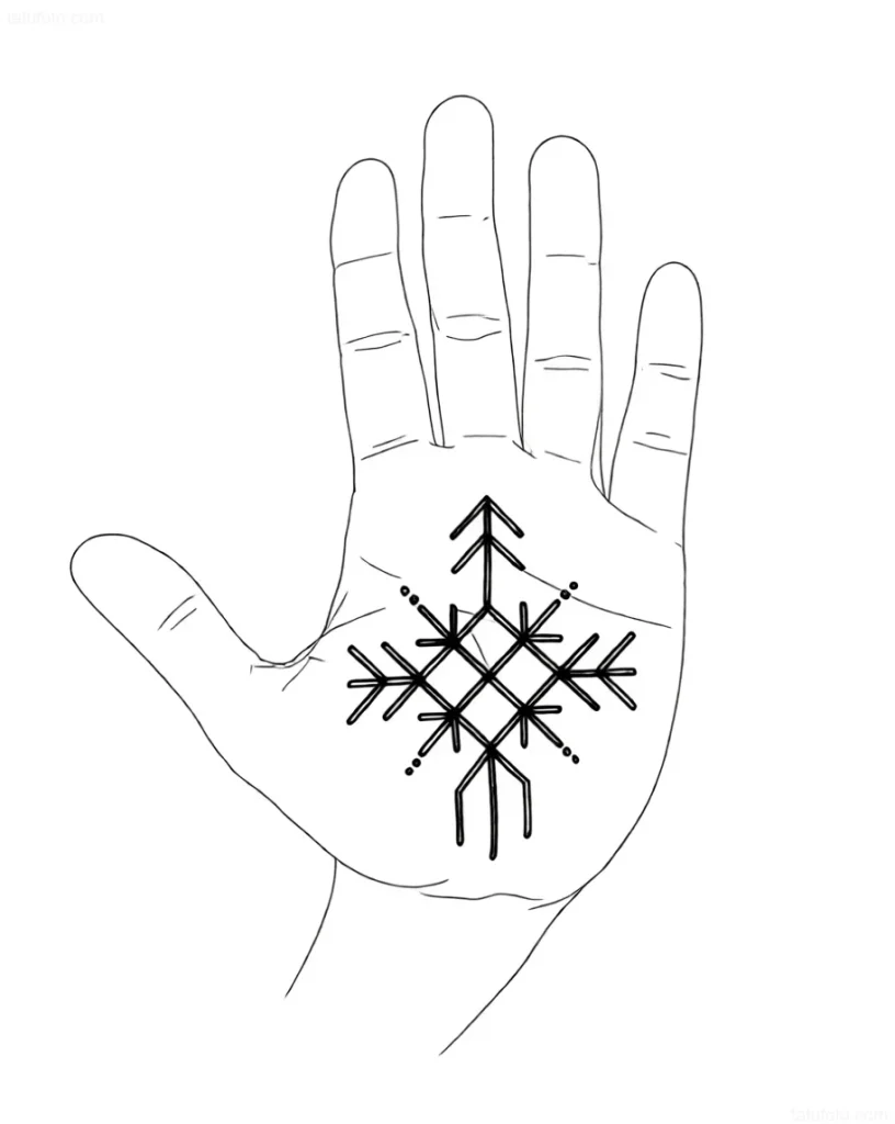 手掌上的黑白纹身草图,带有风格化的符文符号,类似于雪花或星星。