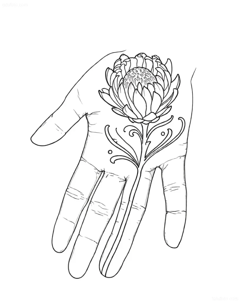 手掌上的黑白纹身草图,描绘了一朵花,采用细致的图形技术绘制。