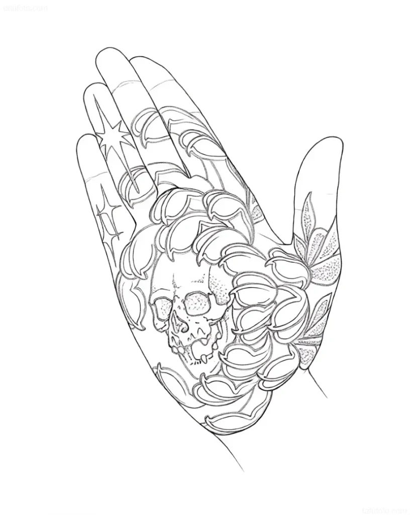 手掌上的黑白纹身草图,描绘了被玫瑰和星空环绕的头骨,采用图形风格绘制。