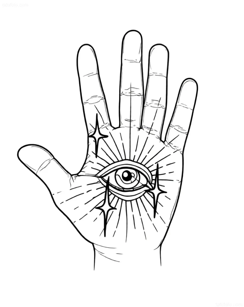手掌上的黑白纹身草图,描绘了万能之眼,周围环绕着光线和星星,采用图形风格绘制。