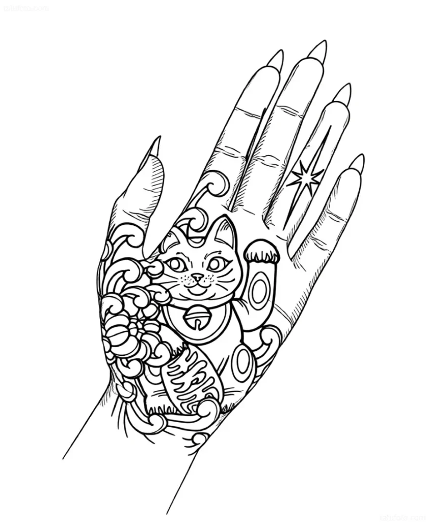 手掌上的黑白纹身草图,描绘了一只猫,手中拿着命运的象征,周围环绕着装饰元素。