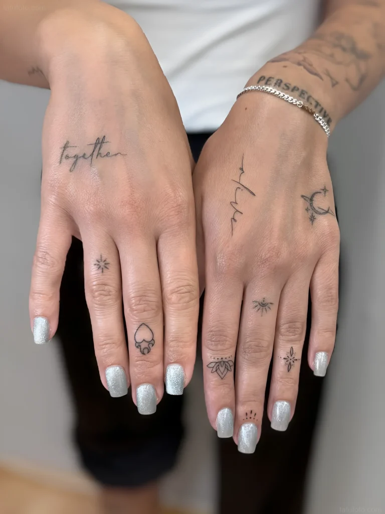 情侣极简手指纹身照片:'Together' 和 'Alive' 字母,小星星,心形和莲花。