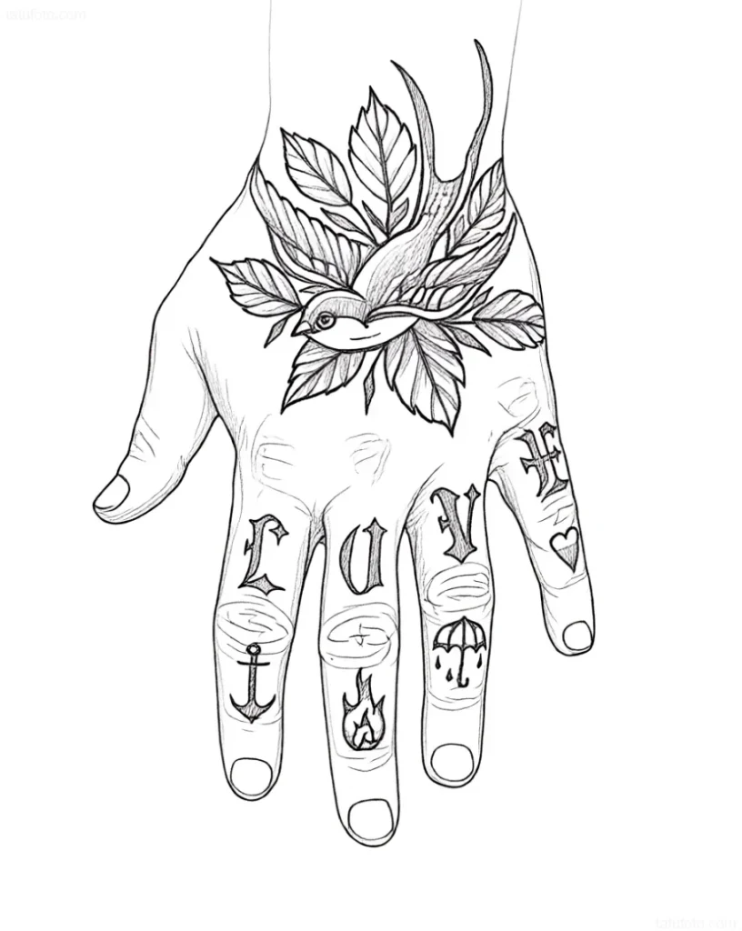 手部黑白纹身草图:手掌上的燕子和花朵,指节上的LOVE字母。