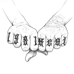 Черно-белый эскиз татуировки на пальцах с надписью 'LOVE & HATE' готическим шрифтом, выполненный в стиле лайнарт.