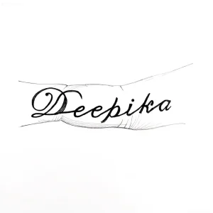 Эскиз татуировки на пальце: надпись "Deepika" выполненная каллиграфическим шрифтом, с добавлением стилизованного пера.
