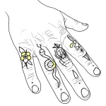 Эскиз татуировки на руке: минималистичные рисунки на пальцах - луна, змея, цветок, геометрические фигуры и символы.
