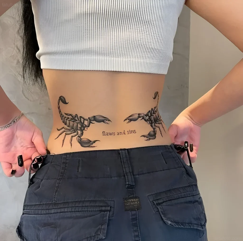 Black and white tattoo of two scorpions on a woman's lower back with the inscription 'flaws and sins', done in realism style.
