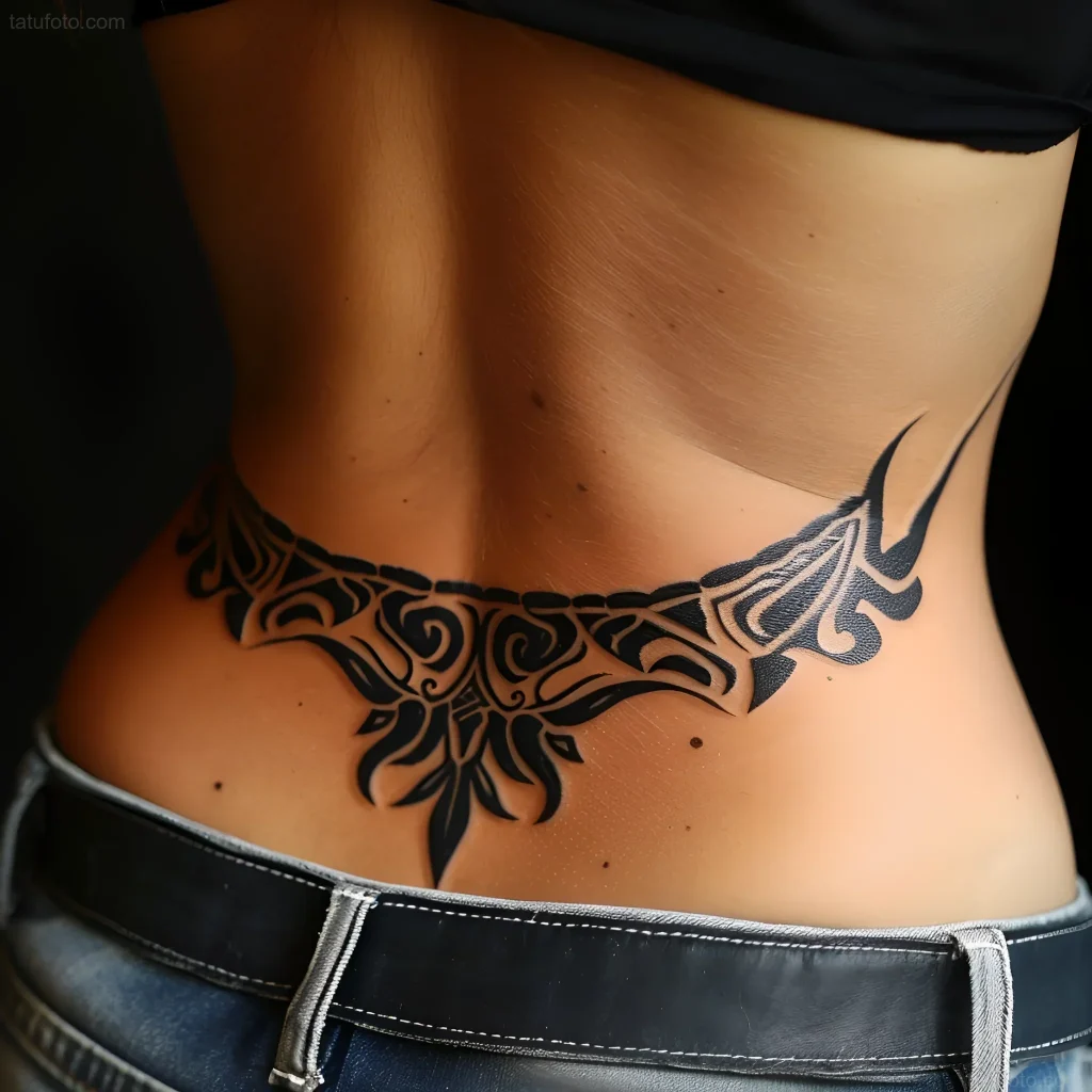 Black and white tribal tattoo on a woman's lower back, side view, emphasis on smooth lines and symmetry