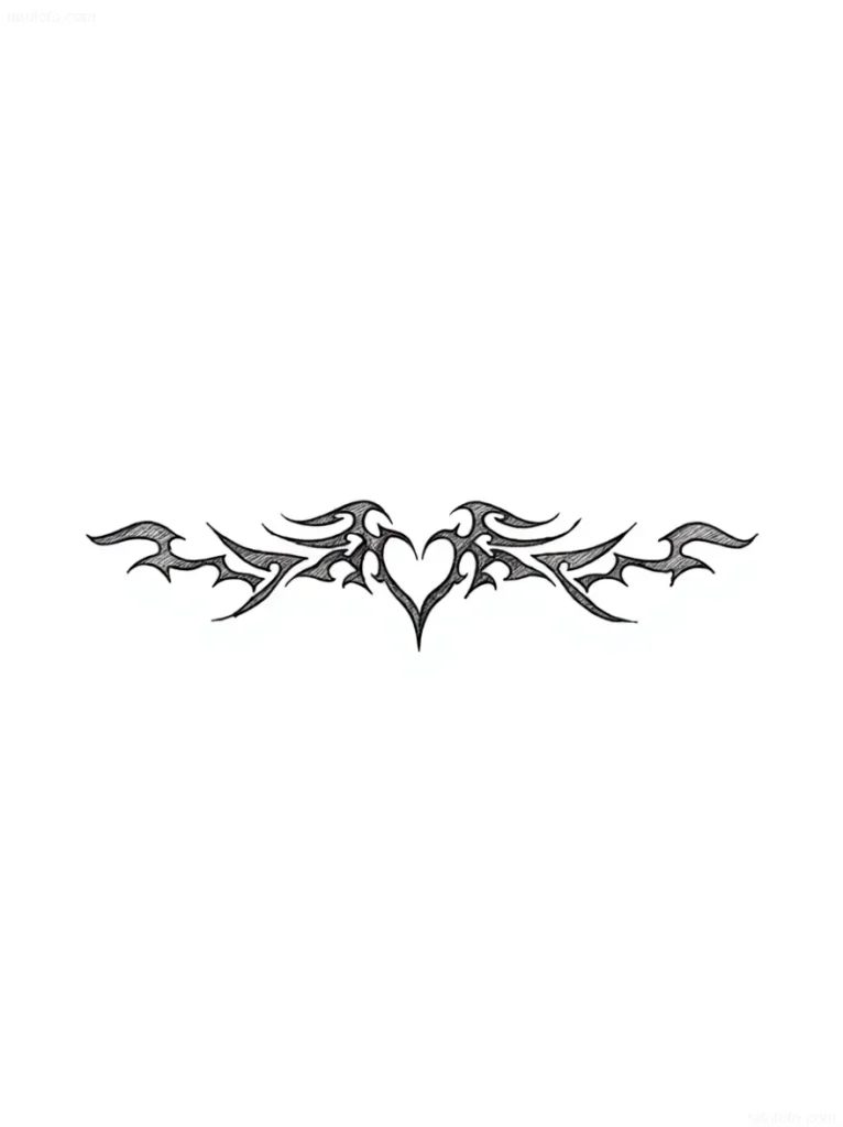 Black and white lower back tattoo in tribal style with a heart surrounded by stylized weaving, for men and women.