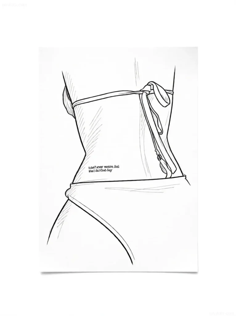 Black and white lower back tattoo sketch in corset style with thin lines and lacing, emphasizing body curves.