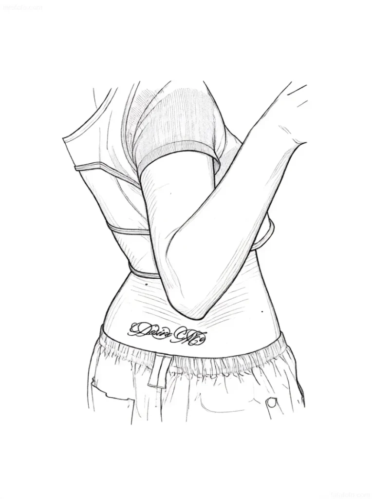 Black and white lower back tattoo sketch with a woman's back and arms embracing the waist, with calligraphic inscription.