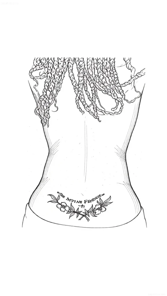 Black and white lower back tattoo sketch of braided pigtails cascading down the back, with delicate flowers at the bottom.