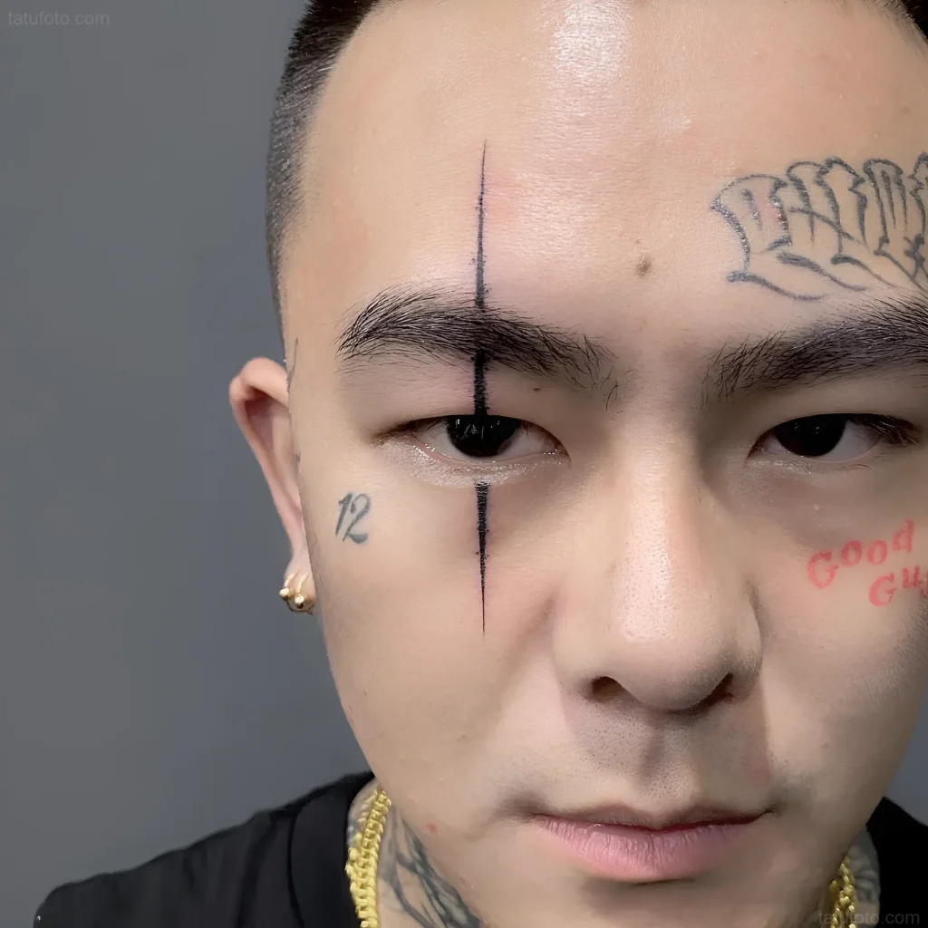 Photo of a man with an eyelid tattoo: a black vertical line above the eye and the number '12' on the cheek, minimalist style.