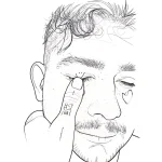 Эскиз татуировки на веко: портрет мужчины, нежно касающегося глаза пальцем с иероглифами