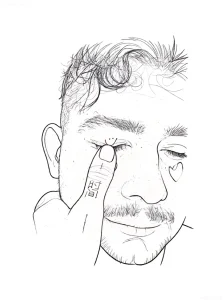 Эскиз татуировки на веко: портрет мужчины, нежно касающегося глаза пальцем с иероглифами