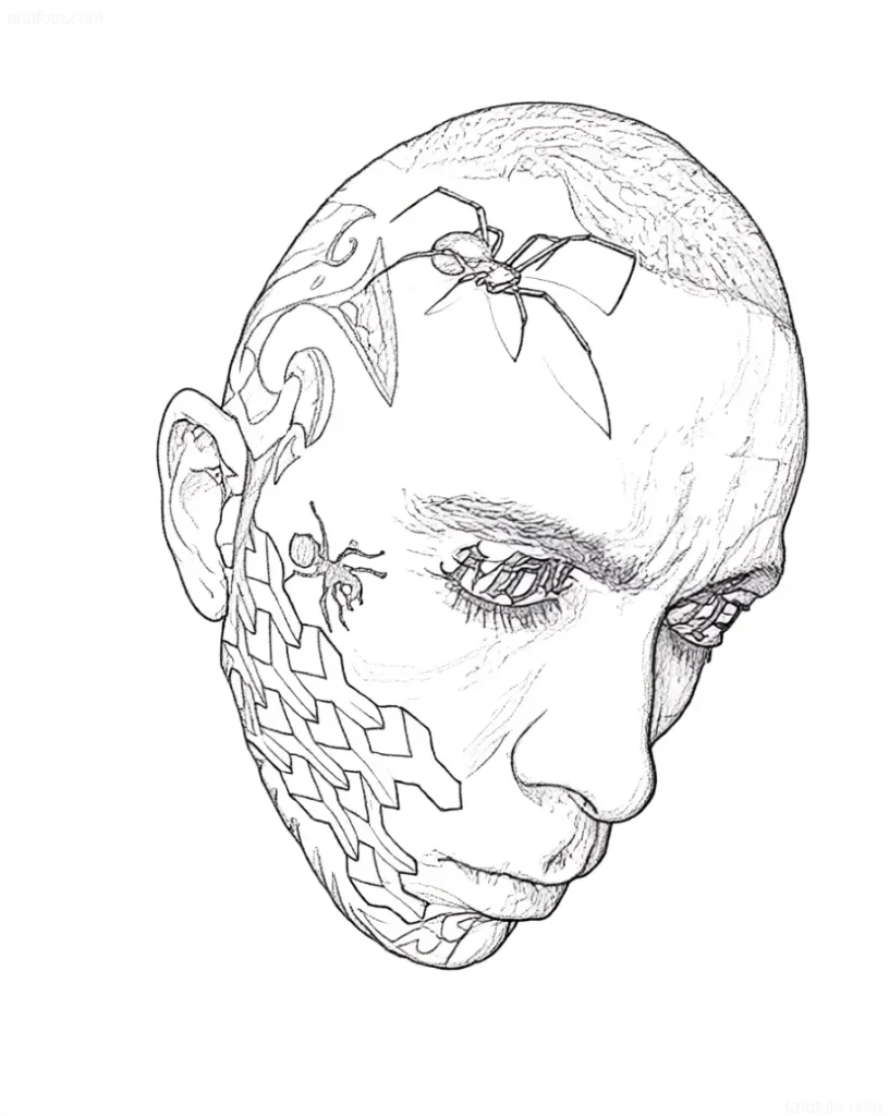 Black and white sketch of an eyelid tattoo with spiders, geometric patterns, and a portrait, done in a graphic style.