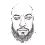 Черно-белый эскиз татуировки на веко: лицо мужчины с бородой и надписями 'Lovers' и 'Killer' под глазами.