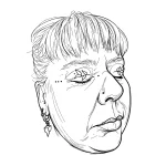 Черно-белый эскиз татуировки на веко: портрет лица с закрытыми глазами и стилизованным цветком в области глаза, выполненный в технике тонкой графики.