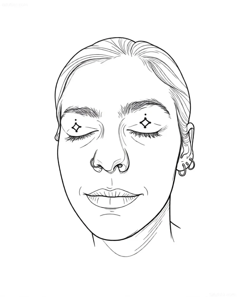Black and white sketch of an eyelid tattoo with a female face and geometric rhombuses under the eyes.