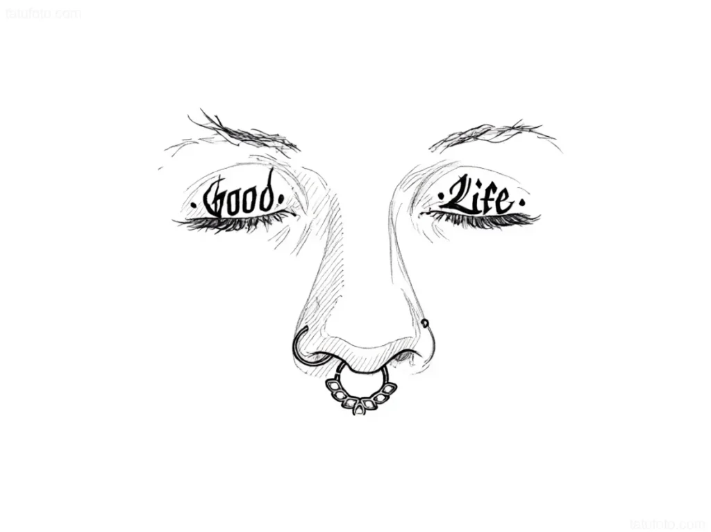 Black and white sketch of an eyelid tattoo with a female face, 'Good' and 'Life' inscriptions under the eyebrows, and stylized nose piercing.