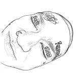 Черно-белый эскиз татуировки на веко: изображение лица в профиль с надписями 'Good' и 'Rage' над глазами.