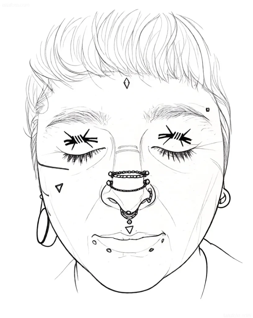 Black and white sketch of an eyelid tattoo: a girl's face with closed eyes, decorated with piercings and geometric elements.
