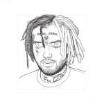 Черно-белый эскиз татуировки портрета Lil Peep с надписями и символами, выполненный в графическом стиле.