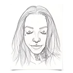 Черно-белый эскиз татуировки на веко, изображающий женское лицо с татуировками под глазами, на носу и шее, выполненный в графическом стиле.