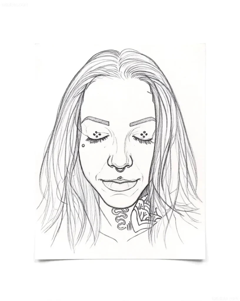 Black and white sketch of an eyelid tattoo depicting a female face with tattoos under the eyes, on the nose, and neck, done in a graphic style.