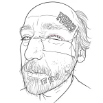 Черно-белый эскиз татуировки на веко: портрет мужчины с бородой, надписью 'Ruwel' на лбу и 'Cranberry' на глазу, выполненный в стиле олдскул.