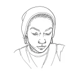 Черно-белый эскиз татуировки на веко: портрет молодого человека в шапке с закрытыми глазами, выполненный тонкими линиями.