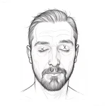 Черно-белый эскиз татуировки на веко: портрет мужчины с закрытыми глазами, на которых изображены кресты. Детализированная прорисовка лица и волос.
