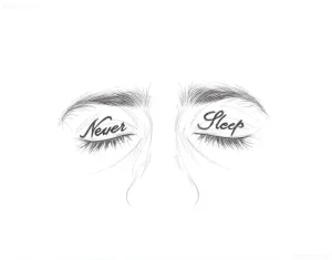Черно-белый эскиз татуировки на веко с надписями 'Never' и 'Sleep' на закрытых веках, выполненный в стиле графики.