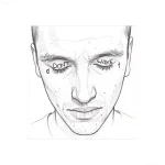 Эскиз татуировки на веко: лицо молодого человека с надписями 'Don't Wake' на веках, выполненное в графическом стиле.