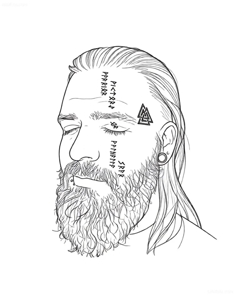 Black and white sketch of an eyelid tattoo with the Algiz rune and a runic inscription on the face of a bearded man.