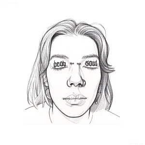 Черно-белый эскиз татуировки на веко с надписью 'dead soul' готическим шрифтом, выполненный в стиле графика.