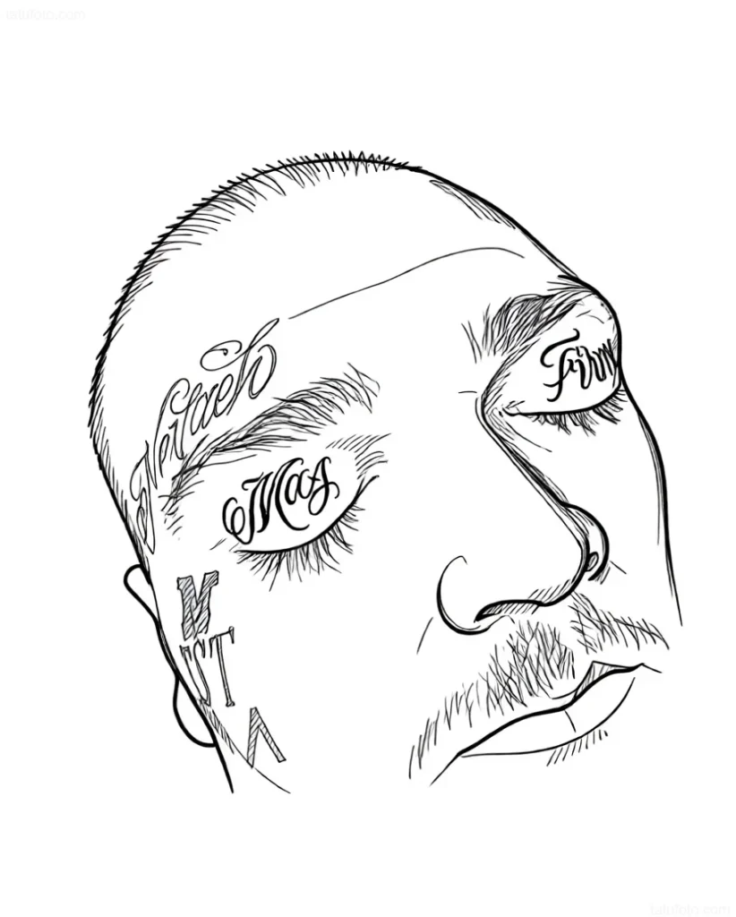 Black and white sketch of an eyelid tattoo with 'Fly', 'Swag', 'Truth' inscriptions and initials 'MT', done in a line art style.