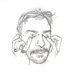 Черно-белый эскиз татуировки на веко с изображением мужчины, закрывающего глаза руками, выражающего печаль или задумчивость.