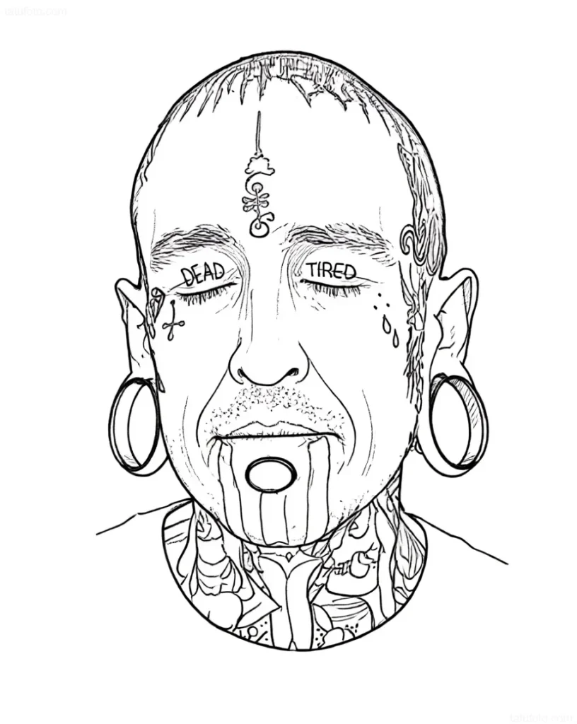 Black and white sketch of a face tattoo: portrait of a man with 'DEAD' and 'TIRED' inscriptions on his eyelids, piercing, and detailed shirt collar.