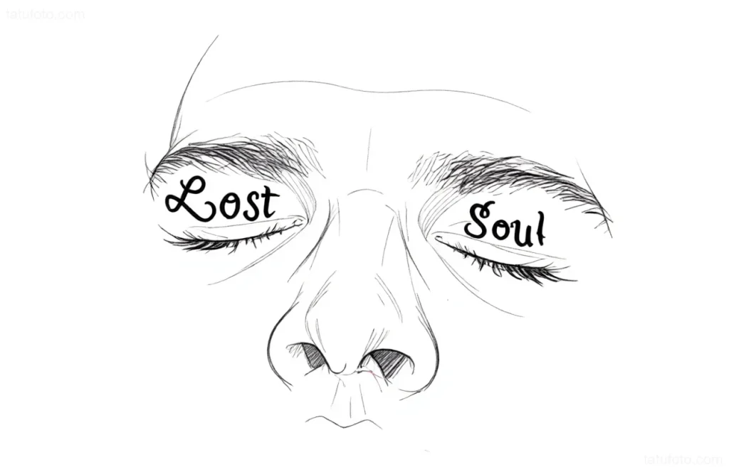 Black and white sketch of an eyelid tattoo with 'Lost' and 'Soul' inscriptions above the eyes, done in a graphic style.