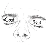 Черно-белый эскиз татуировки на веко с надписями 'Lost' и 'Soul' над глазами, выполненный в графическом стиле.