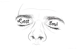 Черно-белый эскиз татуировки на веко с надписями 'Lost' и 'Soul' над глазами, выполненный в графическом стиле.
