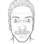 Черно-белый эскиз татуировки на веко: лицо мужчины с усами и пирсингом, над глазами - маленькие звезды.