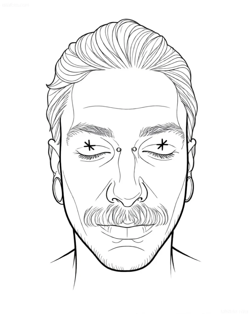 Black and white sketch of an eyelid tattoo: a man's face with a mustache and piercing, small stars above the eyes.