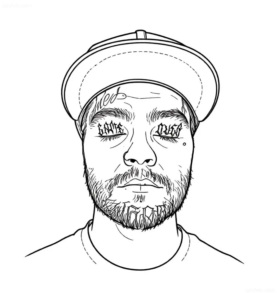 Black and white sketch of an eyelid tattoo: portrait of a man in a cap with closed eyes and the inscriptions 'Gates' and 'Muse' under the eyes.