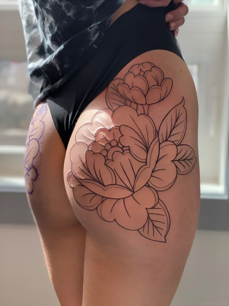 Black outline tattoo of a peony on the buttock, a sketch with smooth lines and detailed petals